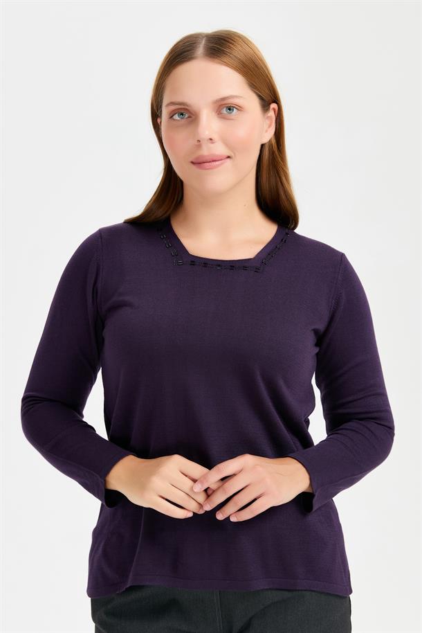 Büyük Beden Kare Yaka Taşlı Triko Bluz-MOR