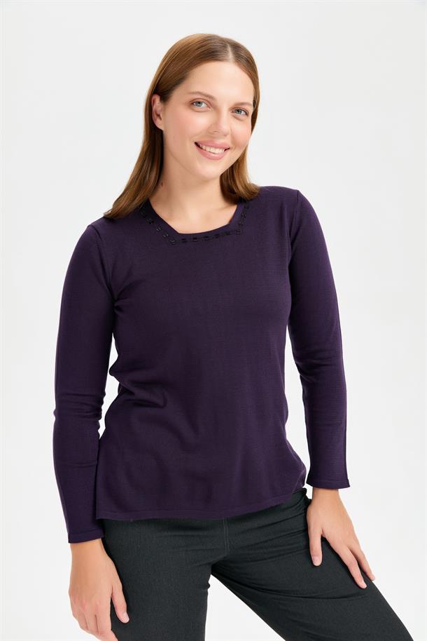 Büyük Beden Kare Yaka Taşlı Triko Bluz-MOR