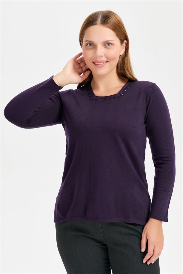 Büyük Beden Kare Yaka Taşlı Triko Bluz-MOR