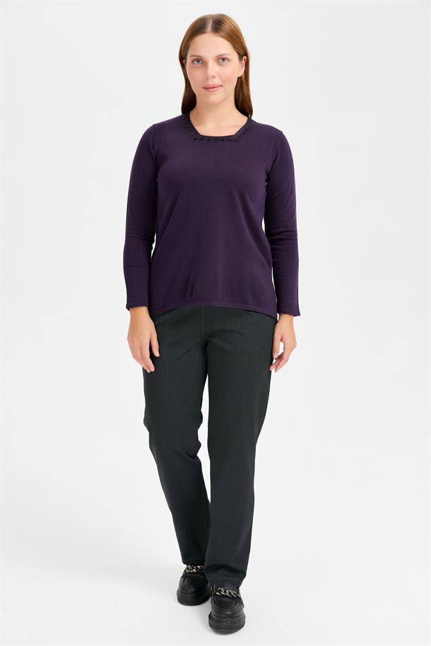 Büyük Beden Kare Yaka Taşlı Triko Bluz-MOR