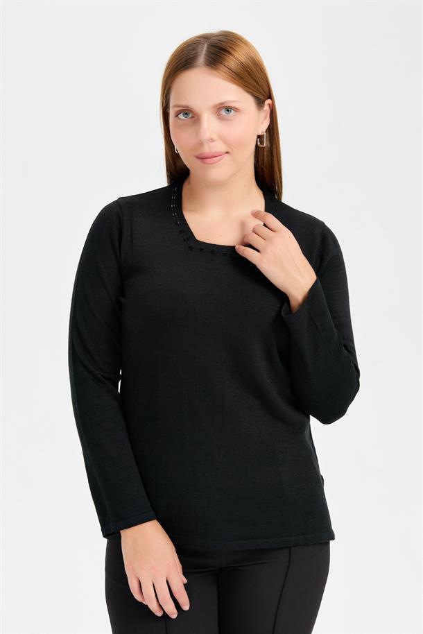 Büyük Beden Kare Yaka Taşlı Triko Bluz-SİYAH