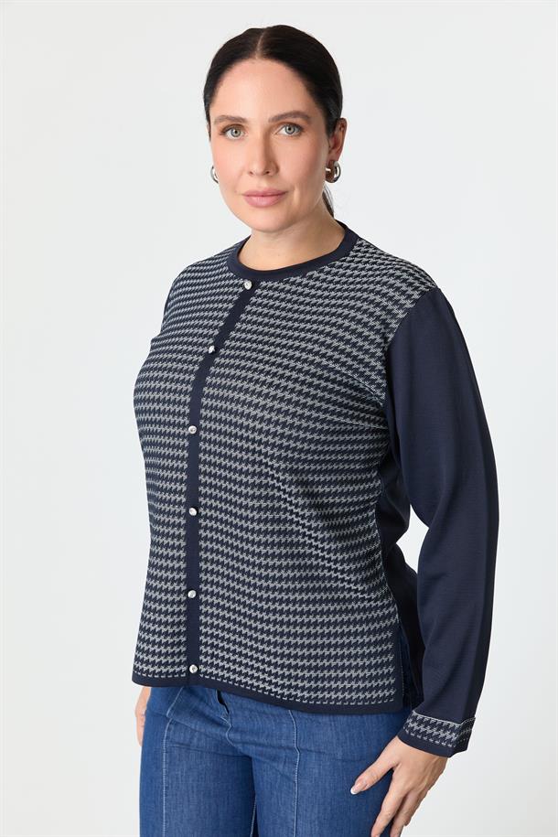 Büyük Beden Kazayağı Desenli Triko Hırka-LACI