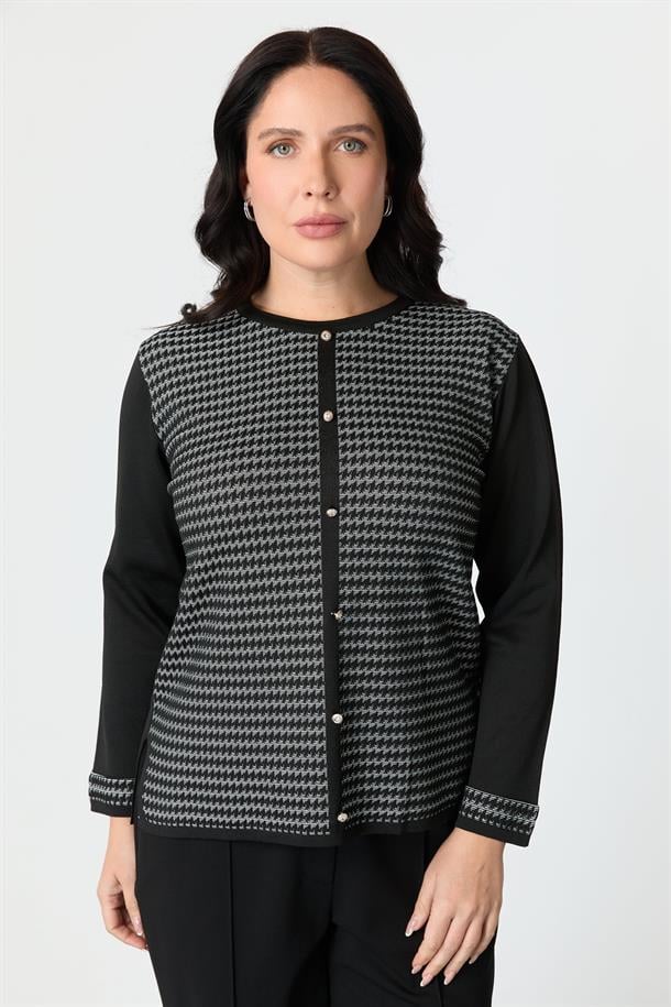 Büyük Beden Kazayağı Desenli Triko Hırka-SİYAH