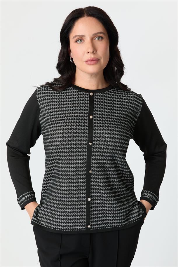 Büyük Beden Kazayağı Desenli Triko Hırka-SİYAH