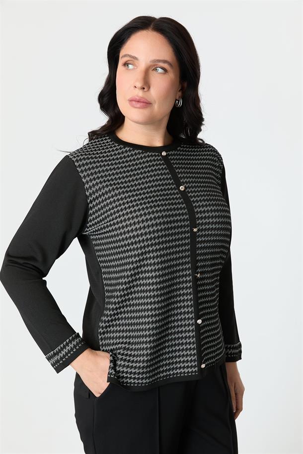 Büyük Beden Kazayağı Desenli Triko Hırka-SİYAH