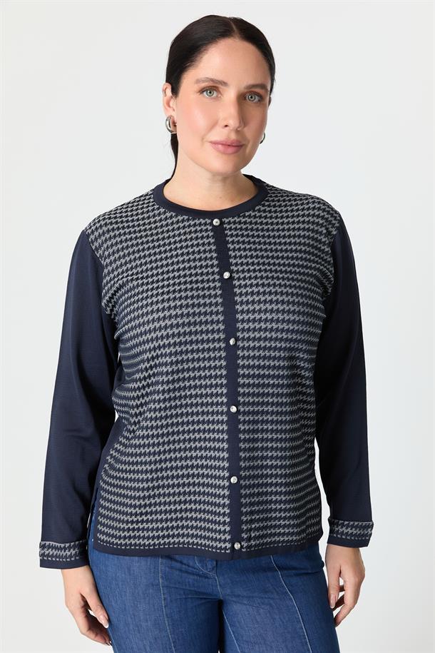 Büyük Beden Kazayağı Desenli Triko Hırka-LACI