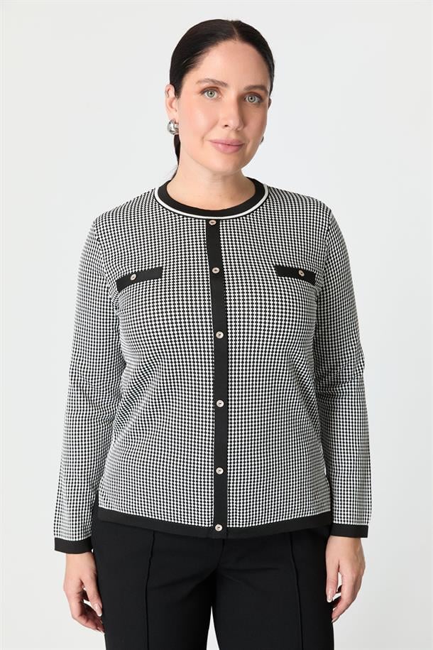 Büyük Beden Kazayağı Desenli Triko Kazak-SİYAH