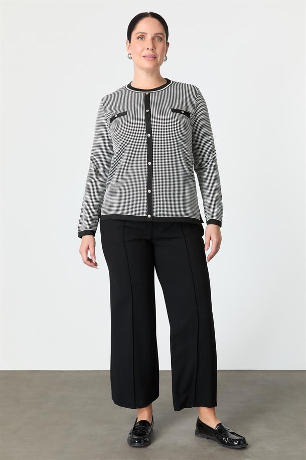 Büyük Beden Kazayağı Desenli Triko Kazak-SİYAH