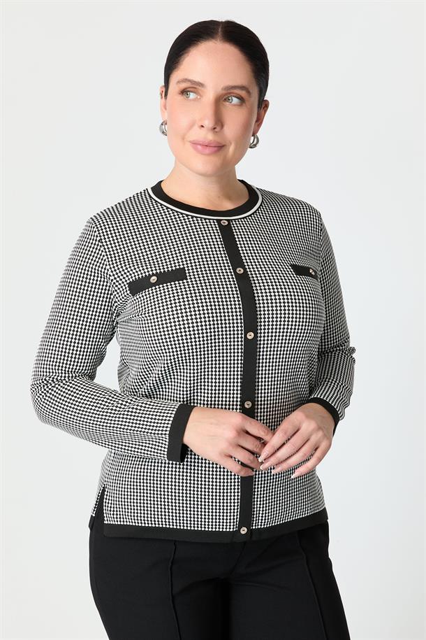 Büyük Beden Kazayağı Desenli Triko Kazak-SİYAH