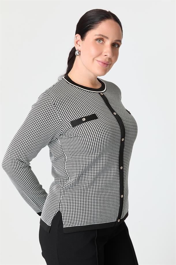 Büyük Beden Kazayağı Desenli Triko Kazak-SİYAH