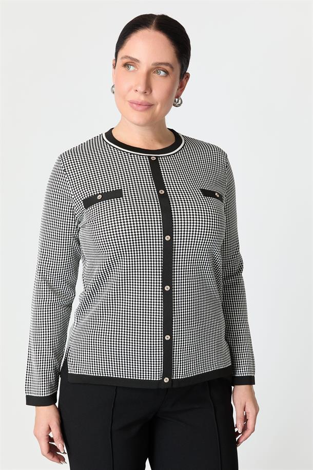 Büyük Beden Kazayağı Desenli Triko Kazak-SİYAH