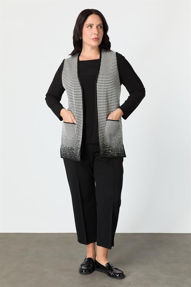 Büyük Beden Kazayağı Desenli Yelek-SİYAH