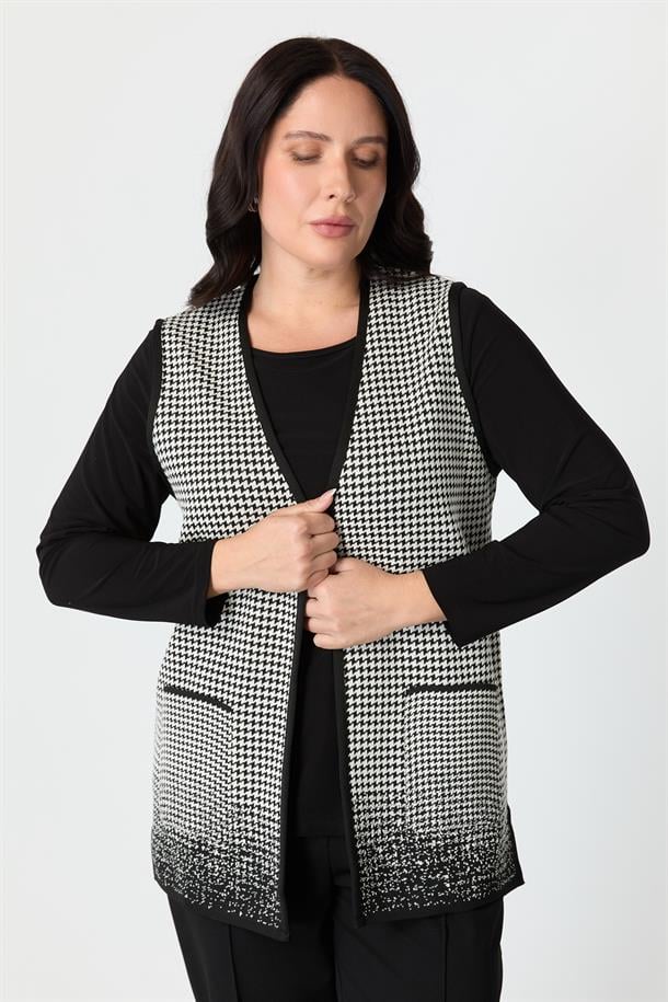 Büyük Beden Kazayağı Desenli Yelek-SİYAH