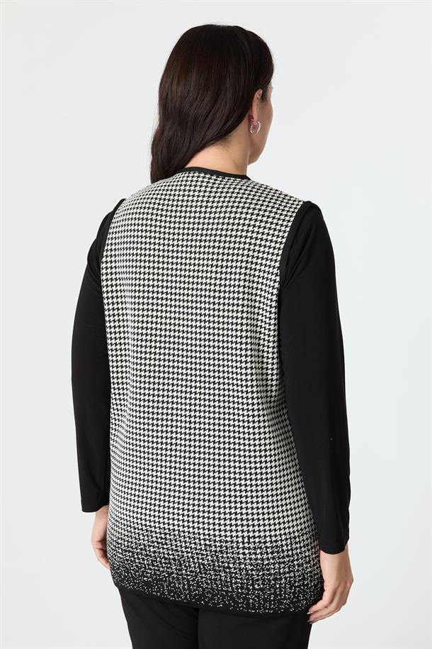 Büyük Beden Kazayağı Desenli Yelek-SİYAH