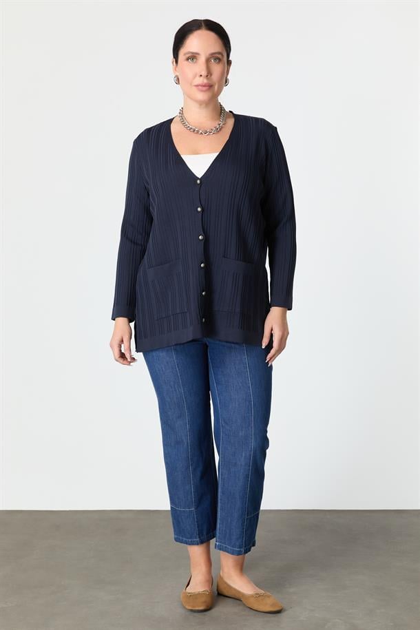 Büyük Beden Kendinden Desenli Triko Hırka-LACI