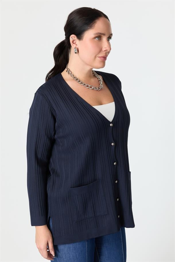 Büyük Beden Kendinden Desenli Triko Hırka-LACI