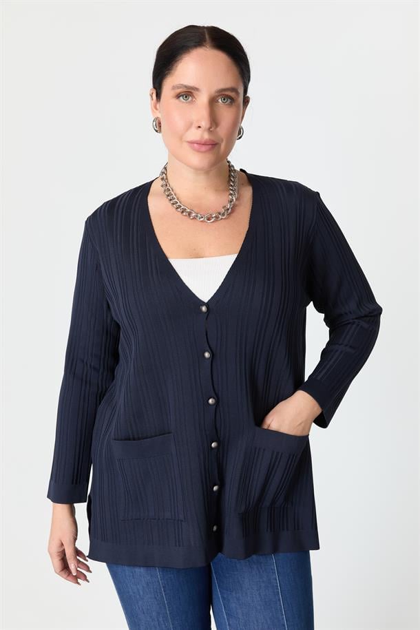 Büyük Beden Kendinden Desenli Triko Hırka-LACI