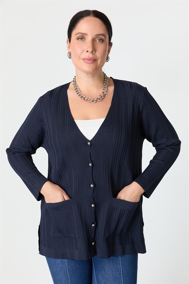 Büyük Beden Kendinden Desenli Triko Hırka-LACI