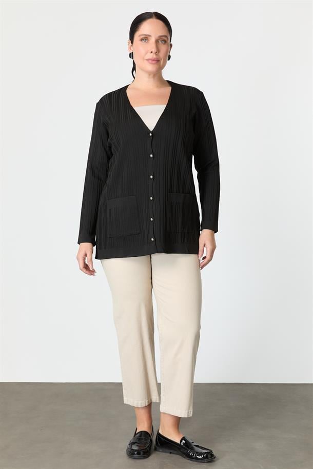 Büyük Beden Kendinden Desenli Triko Hırka-SİYAH