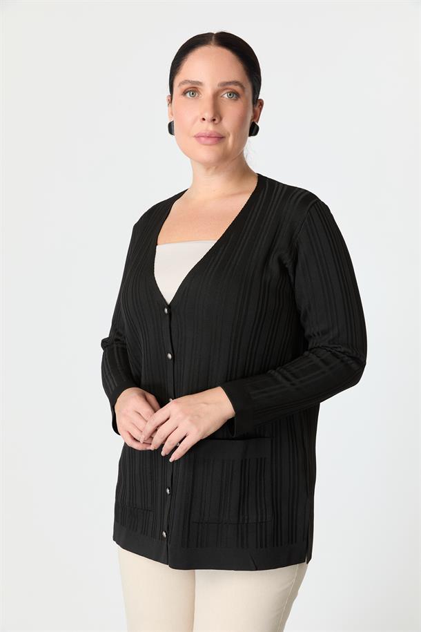 Büyük Beden Kendinden Desenli Triko Hırka-SİYAH