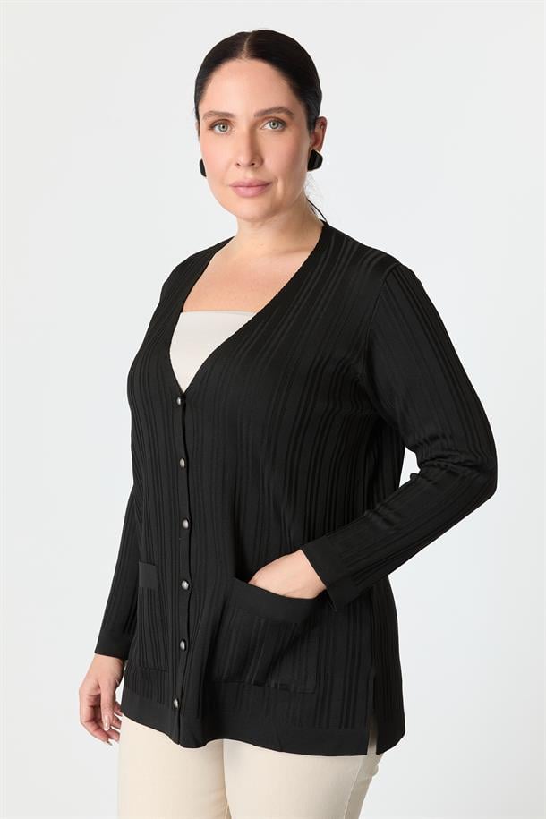 Büyük Beden Kendinden Desenli Triko Hırka-SİYAH