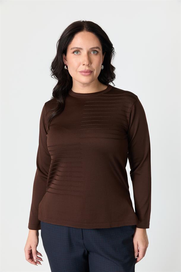 Büyük Beden Kendinden Desenli Triko Kazak-KAHVE