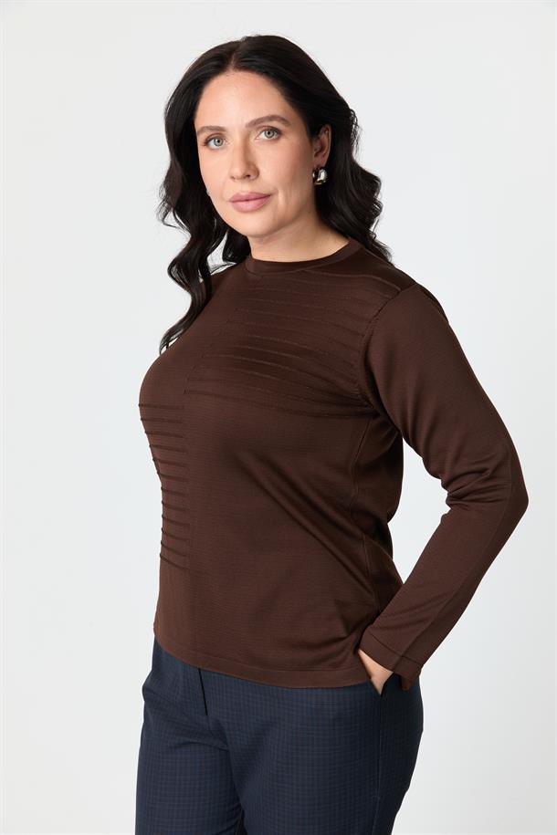 Büyük Beden Kendinden Desenli Triko Kazak-KAHVE