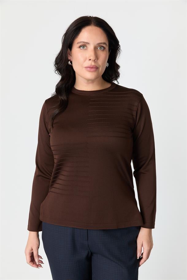 Büyük Beden Kendinden Desenli Triko Kazak-KAHVE