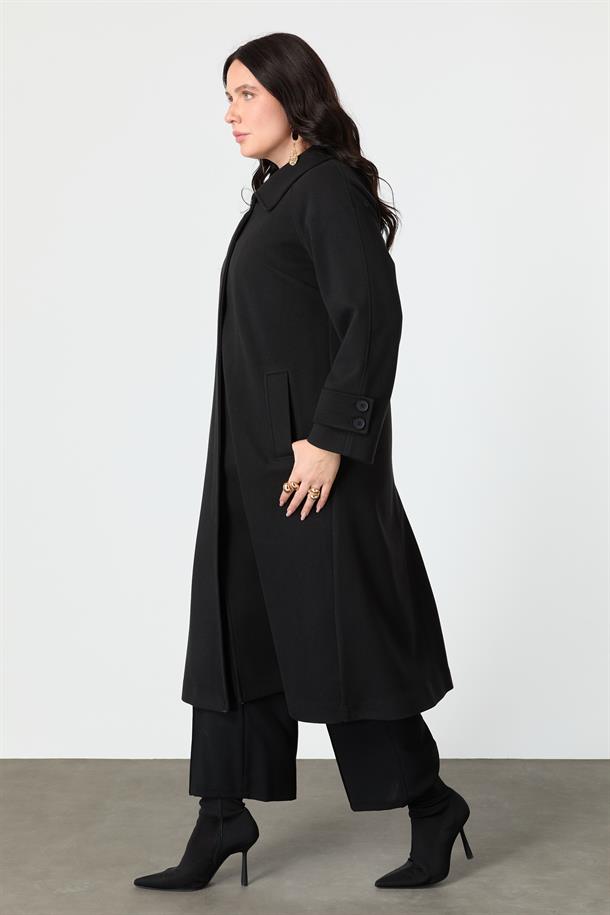 Büyük Beden Kol Detaylı Uzun Kaban-SİYAH