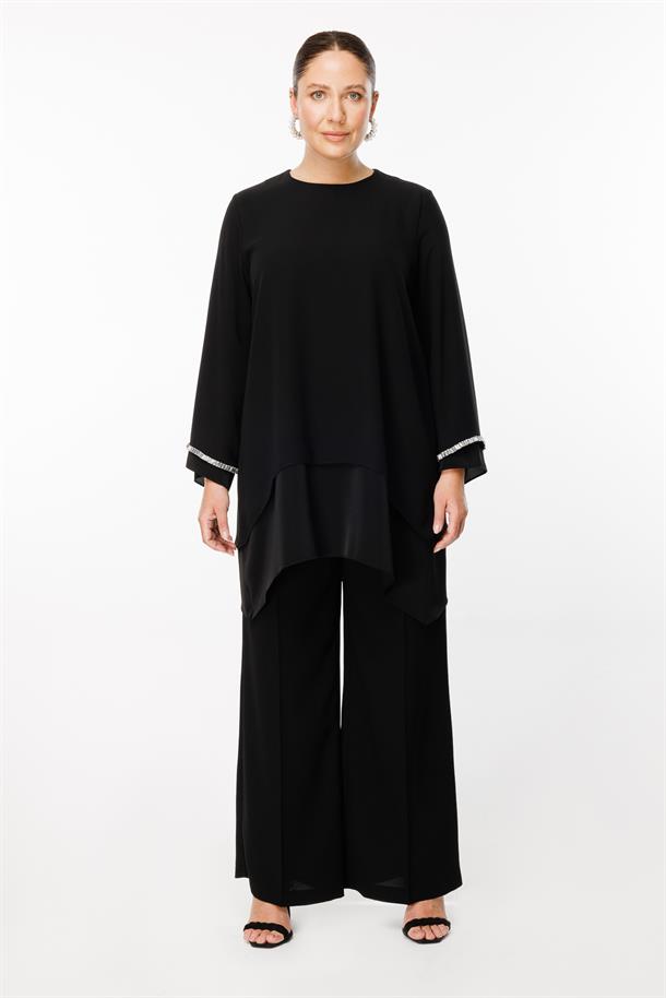Büyük Beden Kolları Taş İşlemeli Asimetrik Kesim Bluz-SİYAH