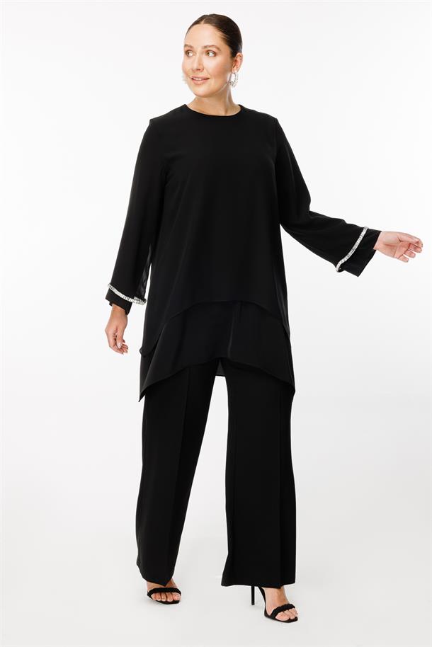 Büyük Beden Kolları Taş İşlemeli Asimetrik Kesim Bluz-SİYAH