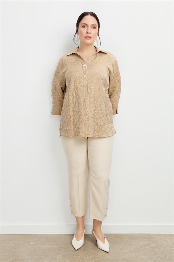 Büyük Beden Kraşlı Gömlek-BEJ