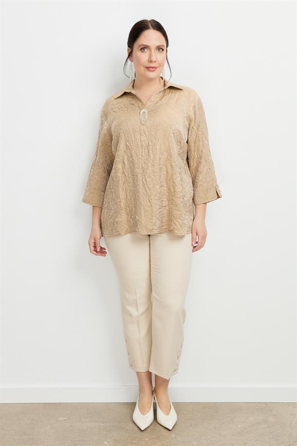 Büyük Beden Kraşlı Gömlek-BEJ