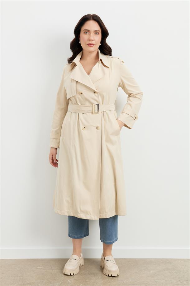 Büyük Beden Kruvaze Yaka Trençkot-BEJ