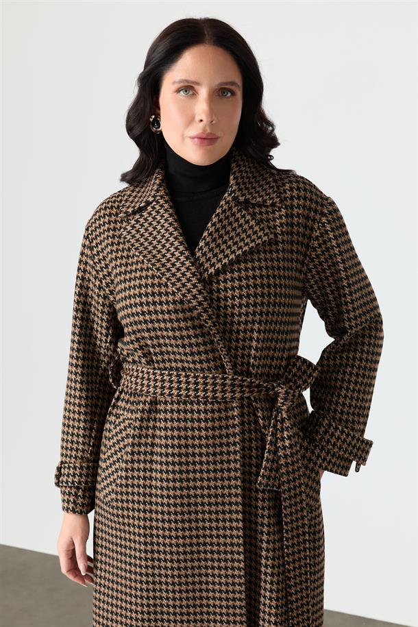 Büyük Beden Kuşaklı Kaban-KAHVE