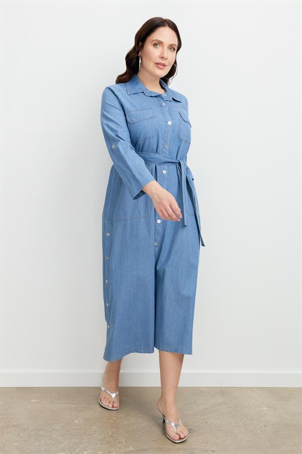 Büyük Beden Kuşaklı Uzun Kot Elbise-MAVİ
