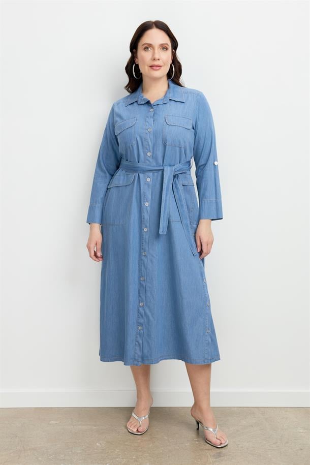 Büyük Beden Kuşaklı Uzun Kot Elbise-MAVİ