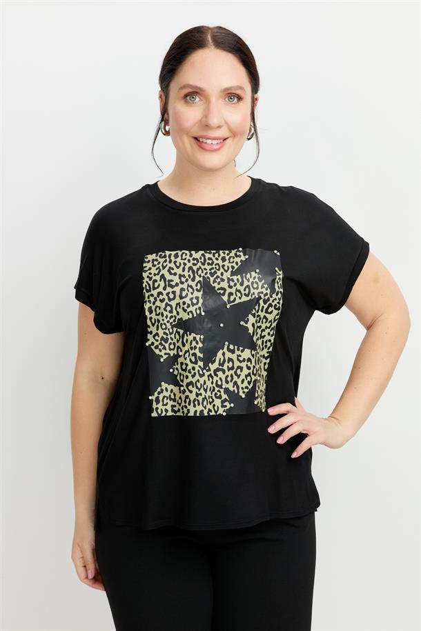 Büyük Beden Leopar Baskı Bluz-SİYAH