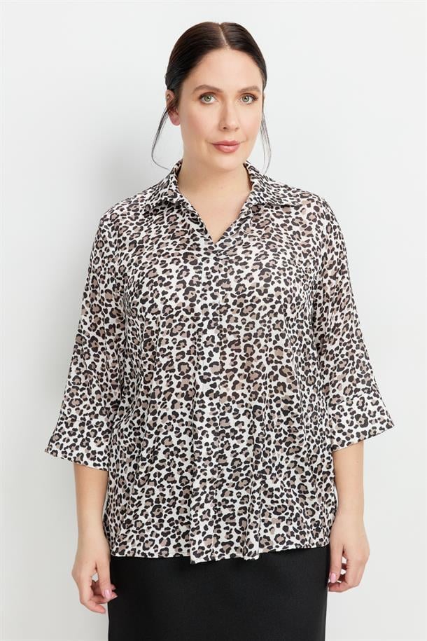 Büyük Beden Leopar Desen Gömlek-SİYAH