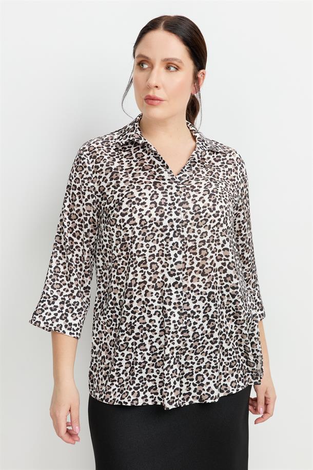 Büyük Beden Leopar Desen Gömlek-SİYAH