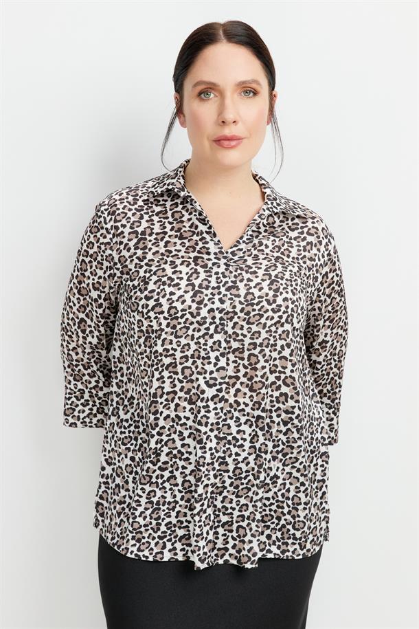 Büyük Beden Leopar Desen Gömlek-SİYAH