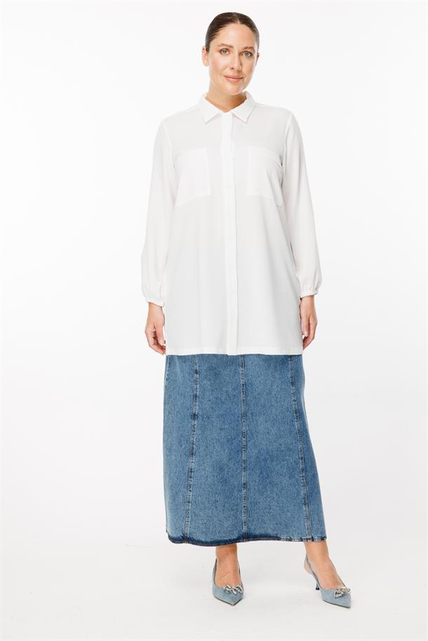 Büyük Beden Manşetleri Lastikli Gömlek-KEMIK