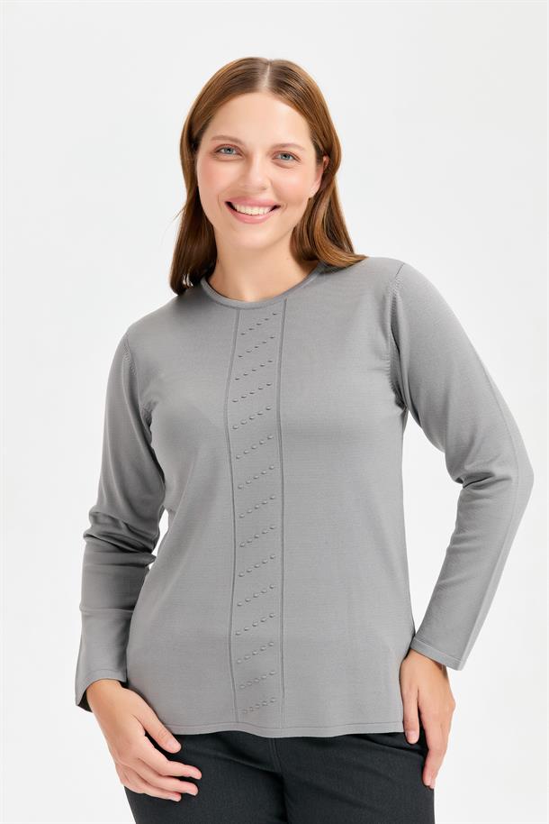Büyük Beden Önü Kabartmalı Triko-GRİ