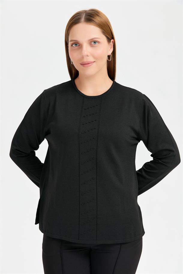 Büyük Beden Önü Kabartmalı Triko-SİYAH