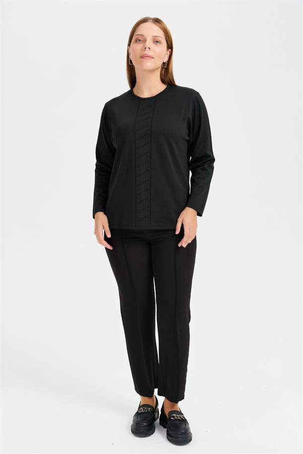 Büyük Beden Önü Kabartmalı Triko-SİYAH