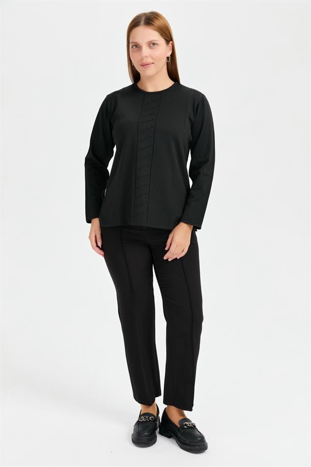 Büyük Beden Önü Kabartmalı Triko-SİYAH