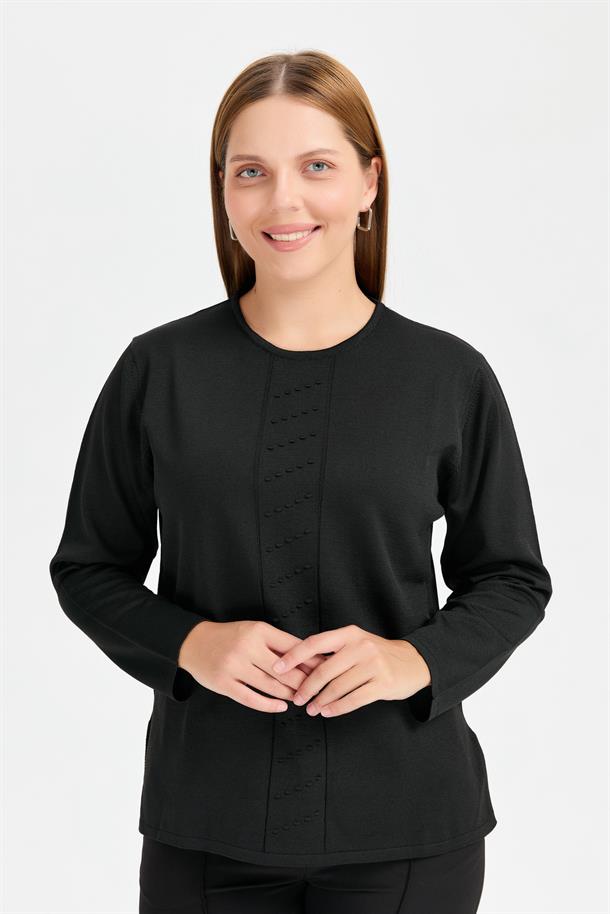 Büyük Beden Önü Kabartmalı Triko-SİYAH