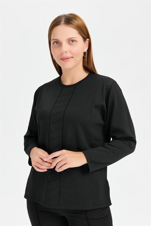 Büyük Beden Önü Kabartmalı Triko-SİYAH