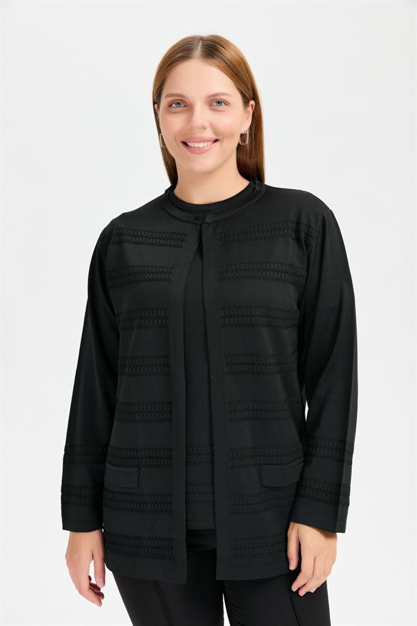 Büyük Beden Önü Örgü Desenli Tunik Triko Takım-SİYAH