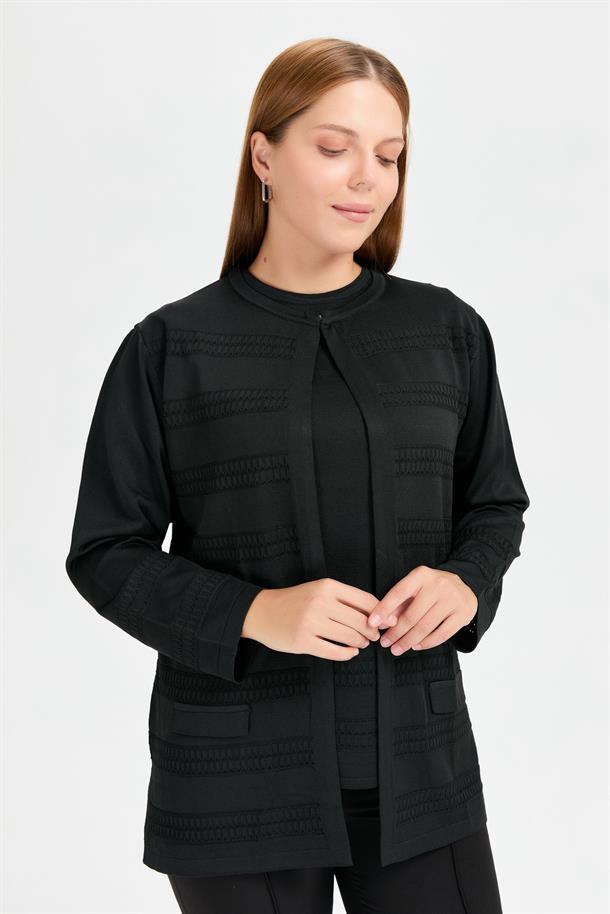 Büyük Beden Önü Örgü Desenli Tunik Triko Takım-SİYAH